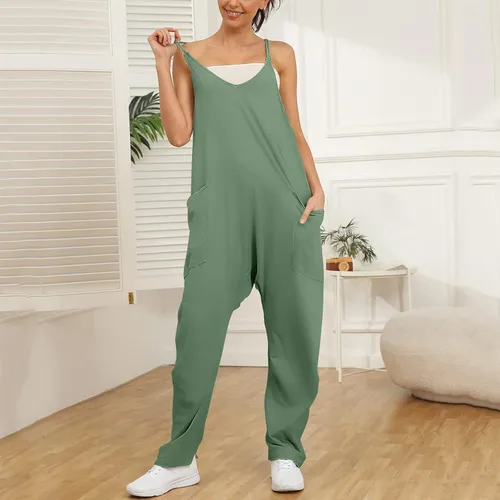 Vista 5 de Hugncmy Womens Casual Summer Jumpsuit Sleeveless Loose Solid Color Comfortable Strap Loose Jumpsuit Formal Rompers for