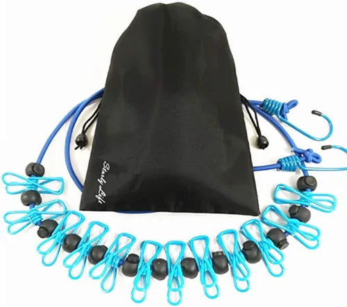 Vista 8 de Tendedero elástico ajustable con clips y bolas de posicionamiento, portátil, retráctil, resistente al viento, cuerda para colgar la ropa sucia