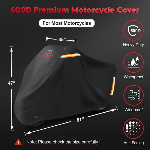 Vista 2 de Comnova - Funda para motocicleta de 81 pulgadas, 600D, impermeable, con orificio de bloqueo, ajuste universal para Harley, Honda, Kawasaki