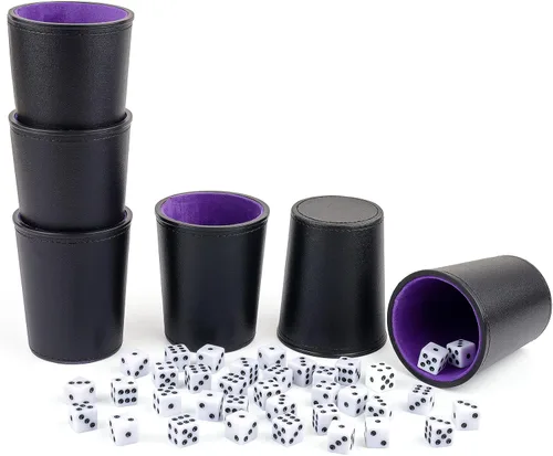Vista 8 de Juego de tazas de dados con forro de fieltro de cuero PU de Reriver, 6 tazas silenciosas mezcladoras de dados con 36 dados para juegos de Bar Party