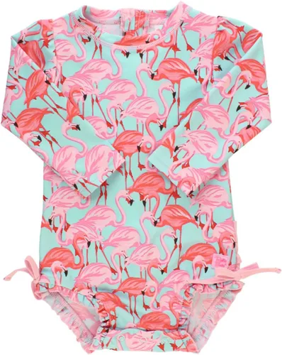 Vista 28 de RuffleButts - Traje de baño de una pieza con protección solar UPF 50+, camiseta de protección floral estampado, manga larga, con cierre zipper