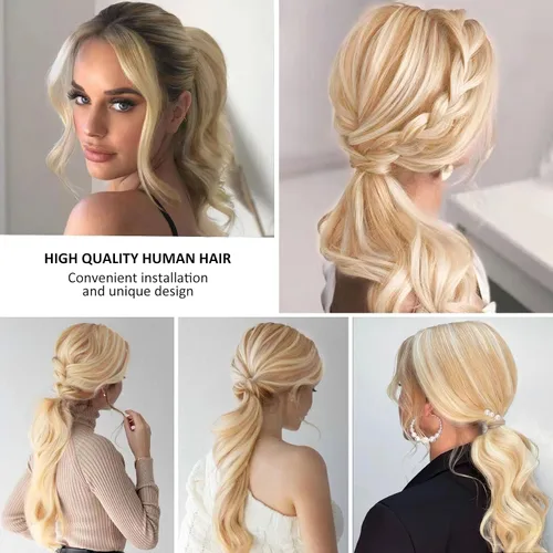 Vista 7 de Caliee Extensión de cabello humano de 14 pulgadas de largo, con reflejos P12/60A, color marrón dorado con rubio platino, extensión de cabello 100%