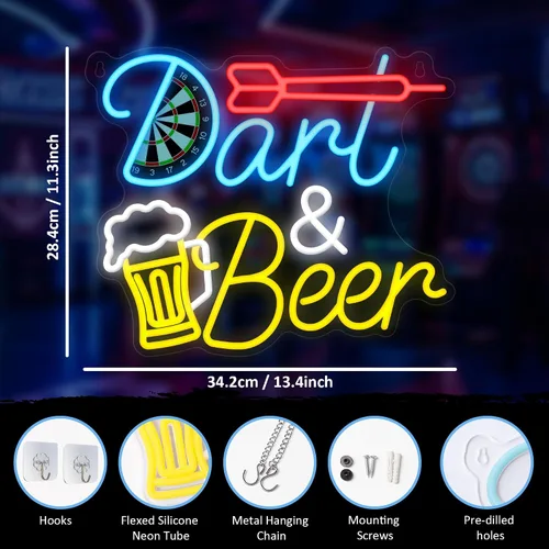 Vista 2 de CoolGift Mart Luz de Neón de Dardos de Cerveza, Letrero de Pared LED de Neón Regulable Alimentado por USB, Decoraciones para Dormitorio Cueva