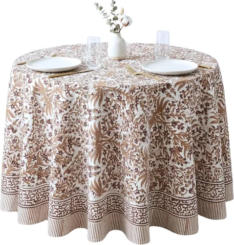 Vista 39 de ATOSII Amalfi - Mantel redondo de verano 100% algodón, estampado en bloques, para comedor, bodas, exteriores, fiestas, I Grand Millenial Farmhouse