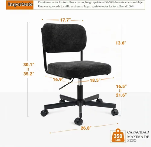 Vista 2 de Silla de tocador con ruedas, bonita silla de escritorio sin brazos con respaldo, silla de oficina pequeña giratoria de altura ajustable, cómoda