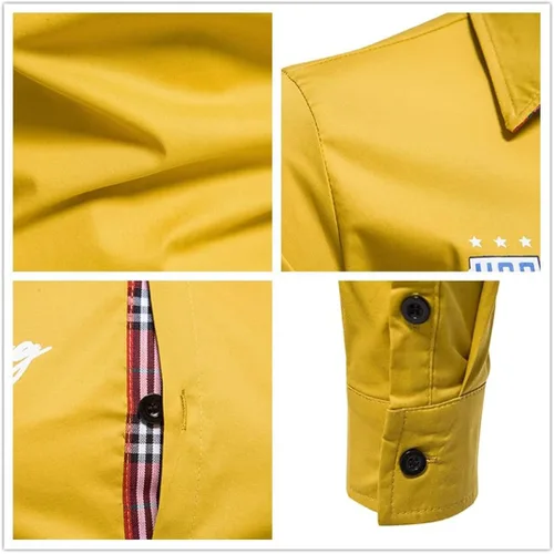 Vista 6 de Camisa vintage para hombre, estilo militar, amarilla, con letra y letra