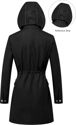 Vista 2 de CREATMO US Gabardina larga cortavientos para mujer, talla grande, resistente al agua, con capucha reflectante extraíble