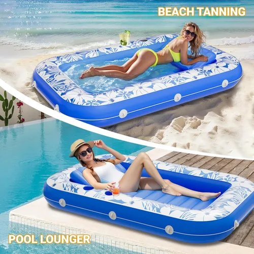Vista 6 de SplashNSpray Flotadores de piscina inflables para adultos, 70 x 46 pulgadas, para broncearse, tumbona con reposacabezas y portavasos