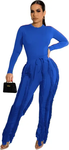 Vista 2 de 2 Piece Outfits for Women Sexy - Solid Long Sleeve One Piece Tops Fringe Tassel Long Pants Jumpsuits Sets