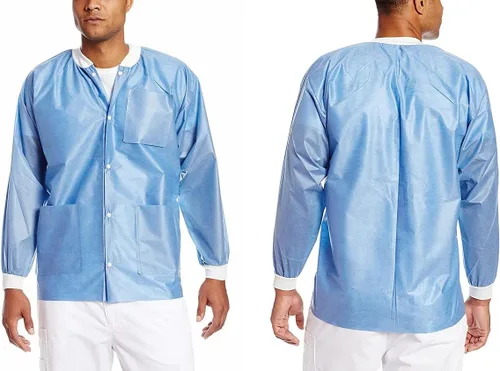 Vista 17 de Paquete de 10 chaquetas desechables de laboratorio, chaqueta médica reutilizable hasta la cadera, unisex, con puños de punto y bolsillos