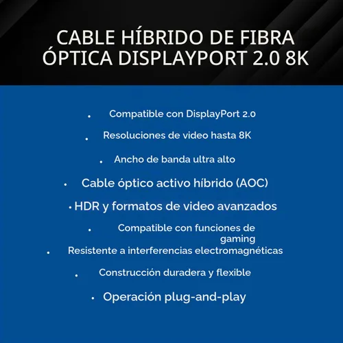 Vista 9 de OREI Cable AOC DisplayPort 2.0 8K de 15 pies - 54 Gbps, 8K a 120 Hz, 4K a