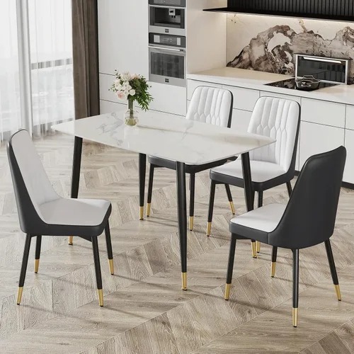 Vista 11 de Ebullient Mesa de comedor para 4, mesa de comedor rectangular de mármol, mesa de comedor de mármol sintético, mesa de comedor moderna con marco
