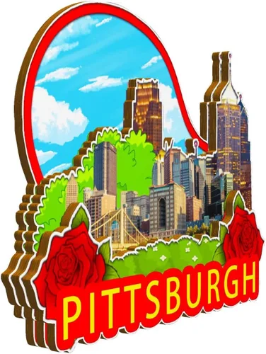 Vista 2 de Imán de madera para nevera de Pittsburgh Pennsylvania, Estados Unidos, monumentos 3D, recuerdos coleccionables, decoración hecha a mano, 1600