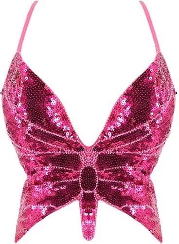 Vista 5 de Top corto de lentejuelas brillantes para mujer, diseño de mariposa, con purpurina brillante, para danza del vientre
