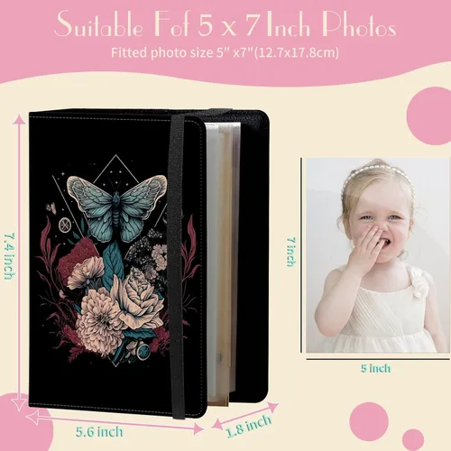 Vista 2 de Álbum de fotos de 5 x 7 pulgadas, capacidad para 60 fotos, cubierta de piel sintética, álbum de fotos con banda elástica fuerte, álbum de fotos