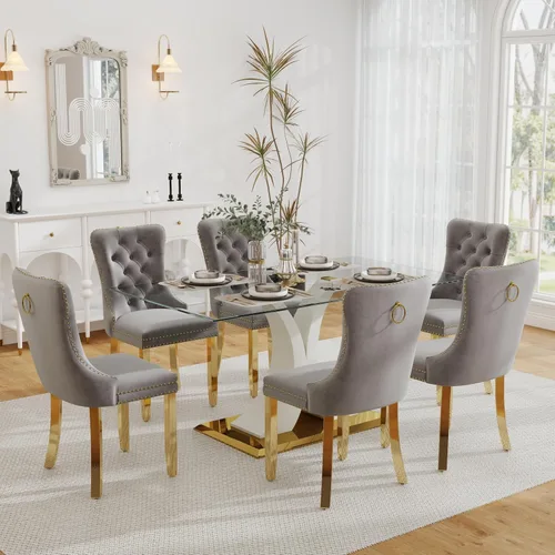 Vista 25 de Juego de comedor de cristal moderno de lujo de 7 piezas, juego de cena rectangular minimalista grande para 6, mesa de cocina de cristal transparente