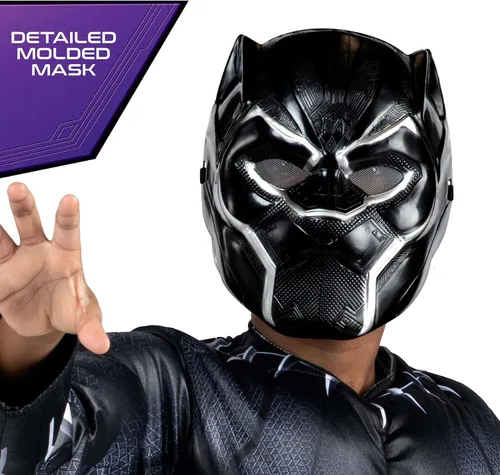 Vista 3 de Marvel Black Panther - Disfraz oficial de Halloween para jóvenes, overol acolchado de alta calidad con máscara de plástico