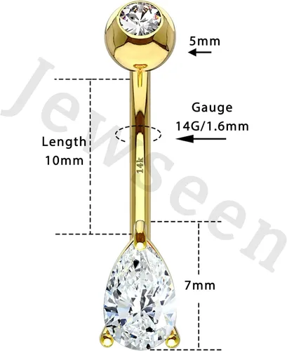 Vista 6 de Jewseen Water Drop Belly Butoon Anillos Prong Set Piercing para el ombligo 14K Oro sólido claro CZ ombligo Anillos Cuerpo Joyería