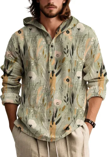 Vista 21 de Sudaderas con capucha con estampado floral retro para hombre, estilo bohemio, con botones, manga larga, sudaderas de gran