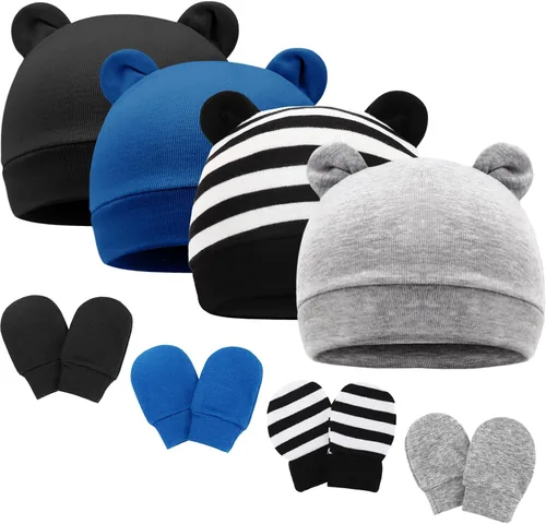 Vista 12 de Conjunto de gorro y mitones para recién nacidos con orejas de oso, gorro para bebé, gorro de hospital para bebé niño o niña, de 0 a 3 meses 4