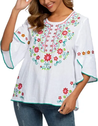 Vista 2 de Camisas mexicanas campesinas, blusas para mujer, blusas bordadas de algodón, para fiesta, verano, bohemias, mangas 34