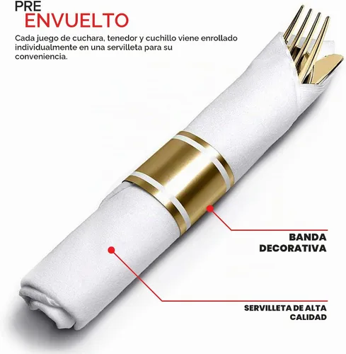 Vista 4 de Juego de cubiertos de plástico preenrollados para fiestas (paquete de 25), juego de cubiertos dorados, cucharas desechables, tenedores, cuchillos