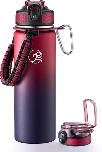 Vista 21 de GOSWAG - Botella de agua de viaje de acero inoxidable aislada de 24 onzas, 2 tapas with straw and no straw, Paracord handle, Double-wall vacuum