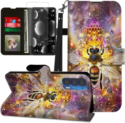 Vista 169 de Funda para Motorola Edge 2022 con protector de pantalla, soporte y tarjetero y correa para la muñeca, funda magnética para Moto Edge 2022 5G UW Lobo