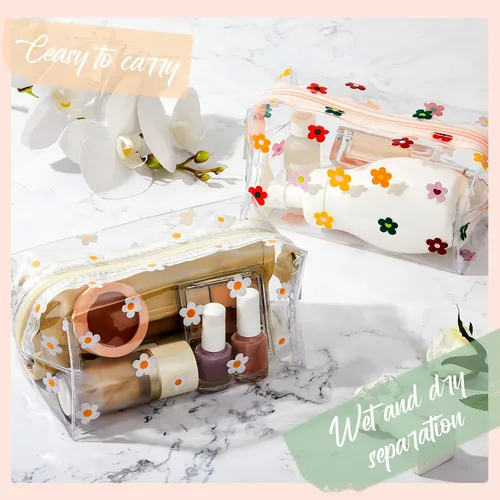 Vista 7 de Amylove - Paquete de 2 bolsas de maquillaje de flores lindas con cremallera de margaritas, bolsa para lápices florales, bolsas de aseo portátiles