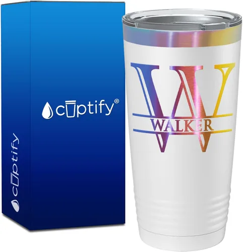Vista 109 de Vaso personalizado de regalo de cumpleaños para mujeres y hombres, con monograma de escritura dividida, inicial y nombre grabado en negro, taza