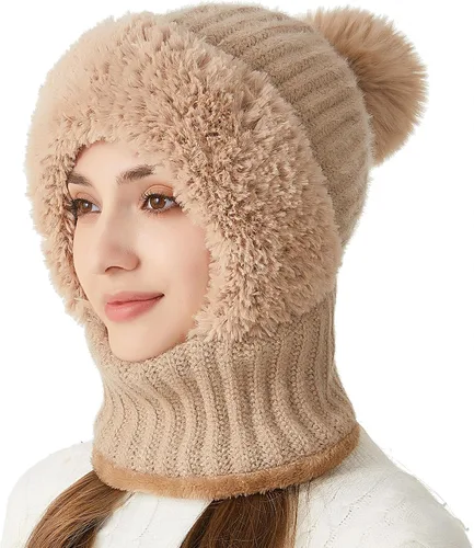 Vista 13 de Gorro de Invierno para Mujer de Una Pieza con Forro Polar Pasamontañas de Punto Conjunto con Bufanda Circular para Cuello Gorro de Esquí para Nieve