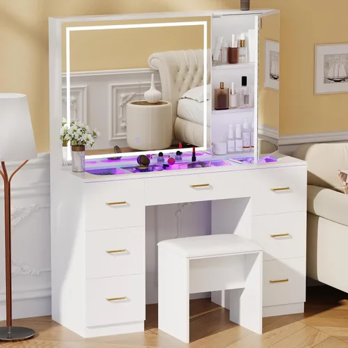 Vista 2 de Escritorio de tocador con espejo iluminado grande, tocador de maquillaje con parte superior de cristal, 7 cajones y brillo ajustable, mesa