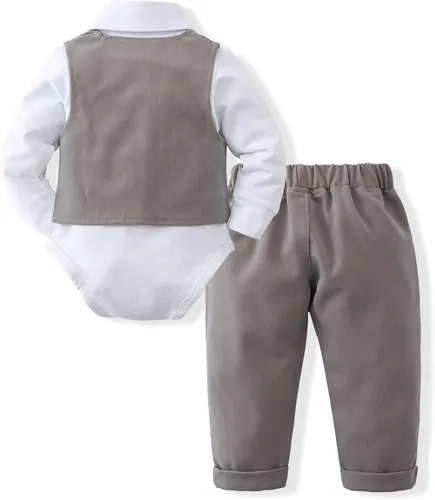 Vista 7 de DISAUR Ropa de bebé para niño, 4 piezas de traje de caballero + chaleco + pantalones + corbata de lazo de algodón