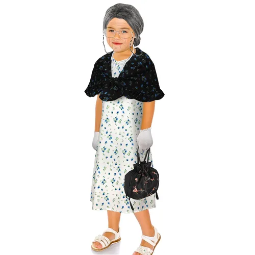 Vista 7 de Yingzhao 20 piezas de disfraz de anciana de Halloween para abuela, peluca de abuelita, vestido de tatuajes antiarrugas con rodillos, gafas de caña