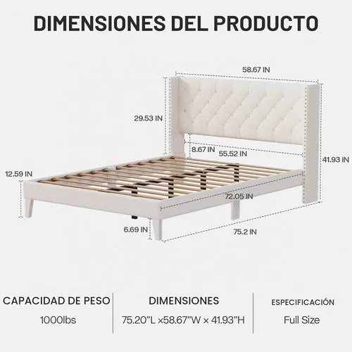Vista 2 de DOGIBIXO Marco de cama tamaño completo con luces LED, marco de cama tapizado con cabecera de respaldo alado capitonada de diamante, soporte