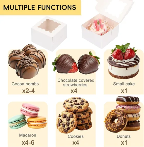 Vista 4 de TOMNK 100pcs White Small Cake Boxes with Window, 4x4x2.5 Inch Small Cookie Boxes with Window, Bakery Boxes for Small Cake, Treats, Donuts, Candy