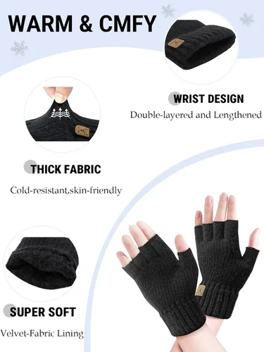 Vista 2 de Guantes sin dedos de medio dedo para invierno. Guantes cálidos de punto para trabajo, running, ciclismo y conducción para hombres y mujeres