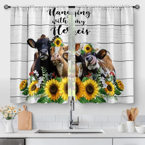 Vista 7 de Aimego - Cortinas de cocina con plantas rústicas y flores de primavera, botánicas, con hojas verdes, cortas, para cafetería, baño, con bolsillo