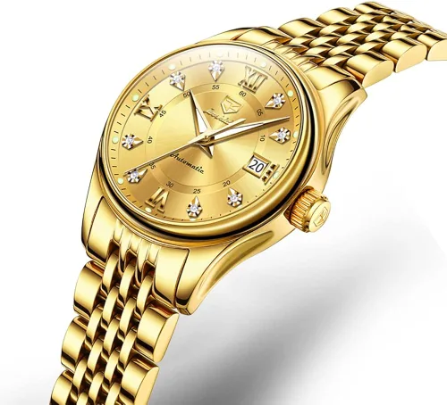 Vista 7 de OLEVS Reloj automático para mujer, de lujo, con cuerda automática, de diamante, de acero inoxidable, de fase lunar, impermeable, esfera azul luminosa