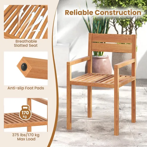 Vista 8 de HAPPYGRILL Silla de comedor de madera de teca, sillón de muebles de madera para exteriores con asiento y respaldo de listones, para patio trasero