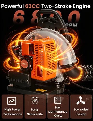 Vista 5 de Soplador de hojas de gas, soplador de mochila, 63CC 2 tiempos 665 CFM soplador de hojas a gas, soplador de hojas de gasolina para cuidado