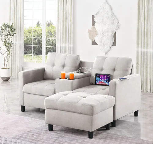 Vista 10 de Sofá modular de 55 pulgadas con otomana móvil, sofá de 2 asientos para espacios pequeños, sofá de nube en forma de L, sofá modular pequeño para sala