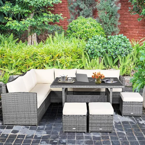 Vista 3 de HAPPYGRILL Juego de muebles de mimbre de ratán de 7 piezas, juego de muebles de patio al aire libre con cojines, juego de sofá de ratán con mesa