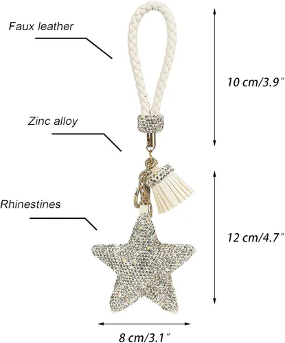 Vista 2 de Llavero para mujer con diamantes de imitación con purpurina, bonitos llaveros de estrella para niñas, bolso de cuero, llaveros de coche