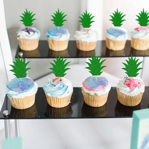 Vista 6 de 36 piezas de adornos para cupcakes de piña verde con purpurina verde para Luau despedida de soltera, fiesta de verano tropical, decoración