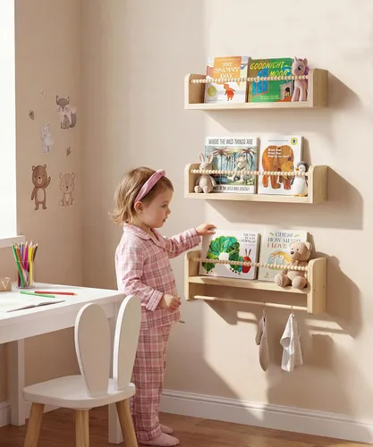 Vista 7 de Juego de 3 estantes para libros de guardería para pared, estantes de madera natural, decoración de pared, pequeño organizador flotante