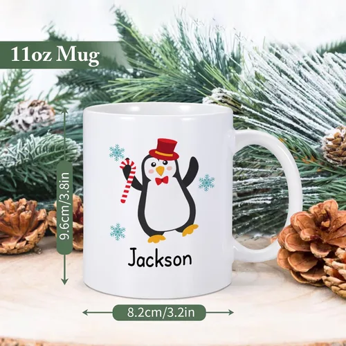 Vista 3 de Taza de Navidad personalizada con nombre para niños, taza de chocolate caliente, taza de Navidad de pingüino, taza de té de cerámica de 11 onzas