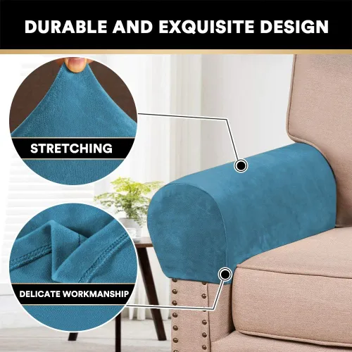 Vista 3 de PrinceDeco 2 Pack Thick Velvet Stretch Armrest Covers for Chairs and Sofas, Non Slip, Blue