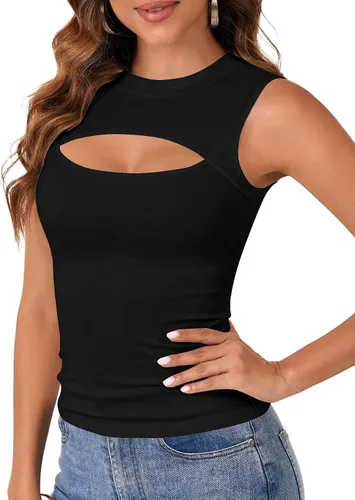 Vista 4 de Vrtige Camiseta sin mangas sexy con cuello redondo para mujer, de punto acanalado, sin mangas, ajustada