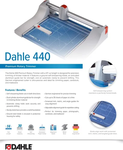 Vista 6 de Dahle 440 Recortador rotativo premium, longitud de corte de 14 pulgadas, capacidad de 30 hojas, afilado automático, abrazadera automática, cortador